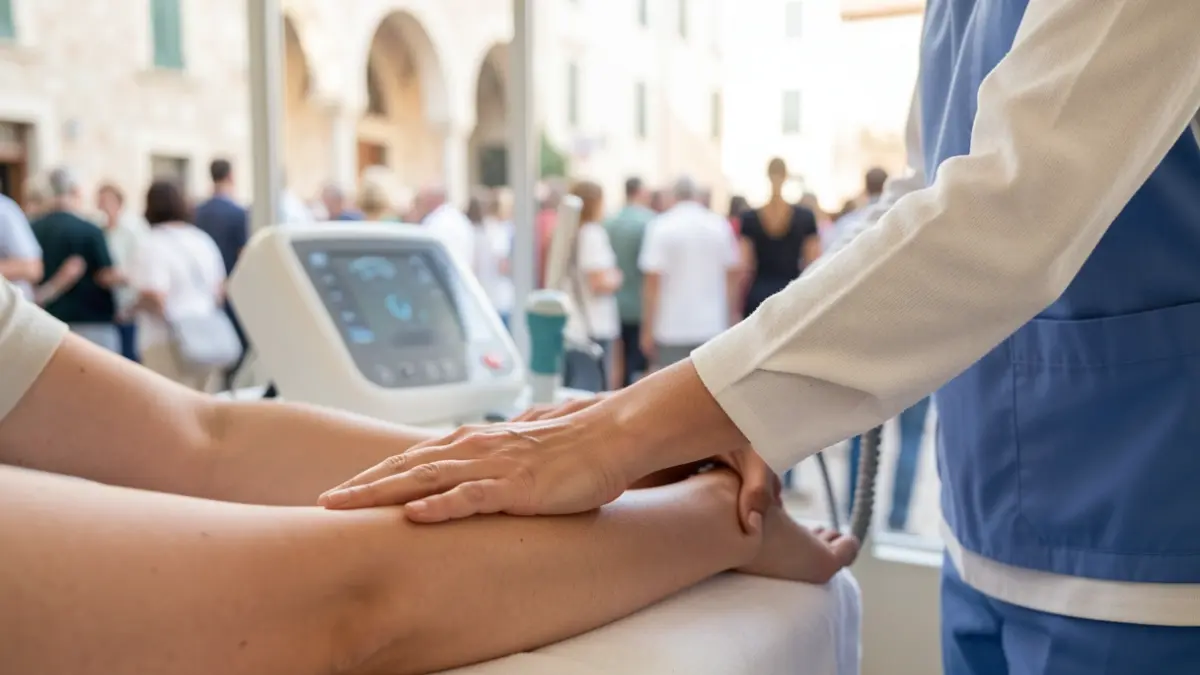Hands of a physical therapist performing manual lymphatic drainage on a patient's arm.