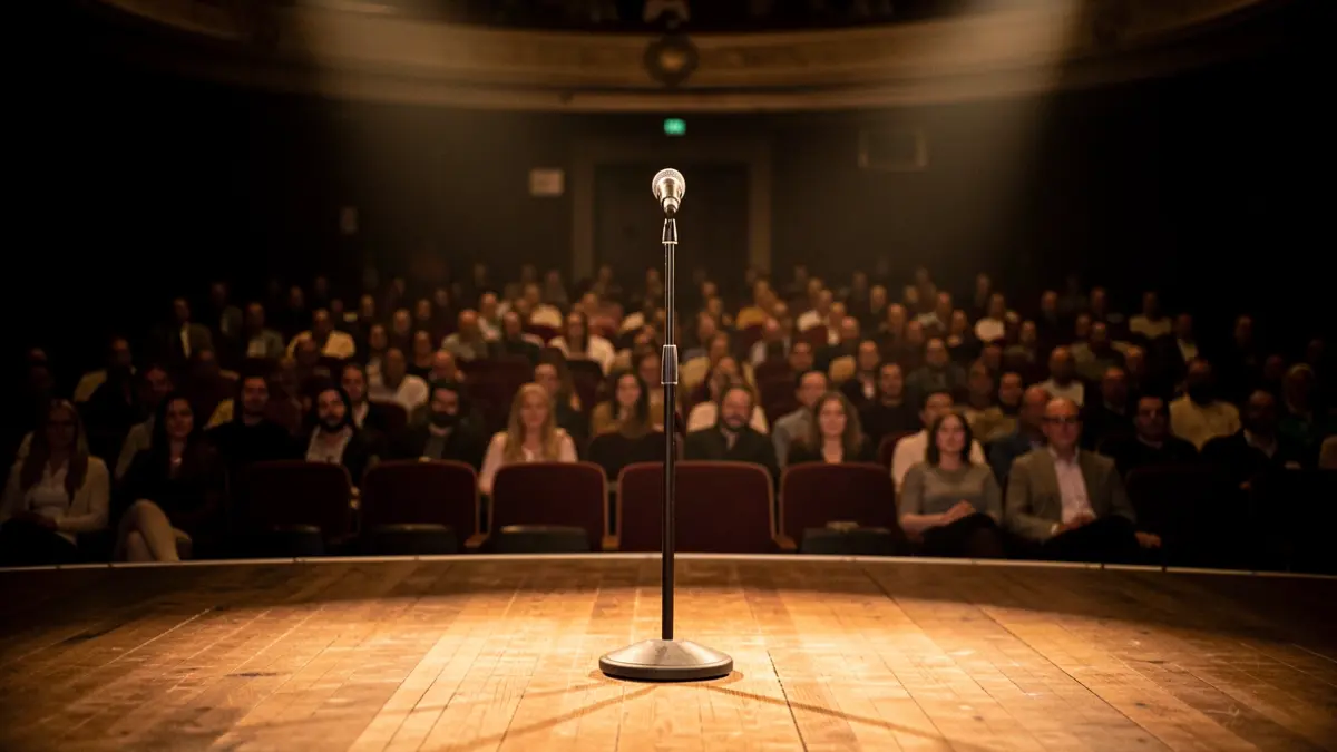 Generic image of a theatre stage with a microphone.