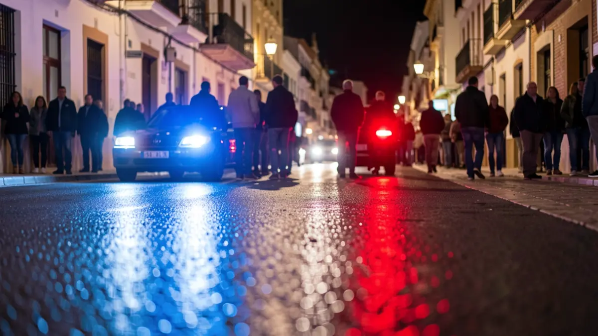 Imagen genérica de luces de emergencia policiales reflejando en asfalto mojado.