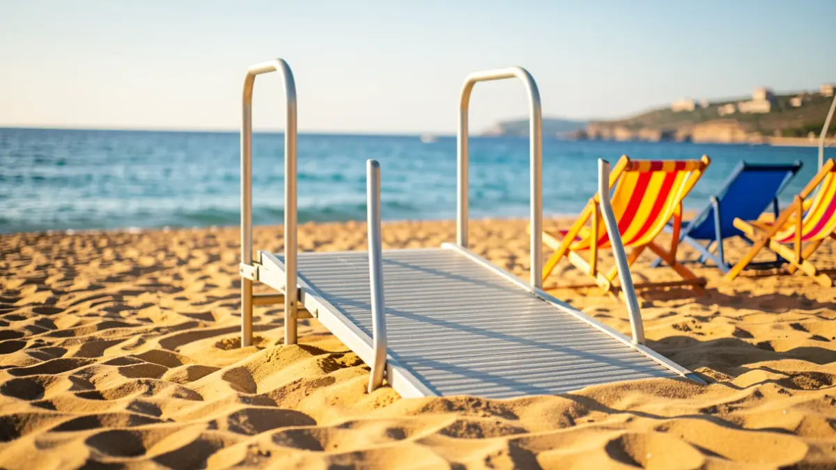 Imagen genérica de una rampa de accesibilidad en la playa y sillas de playa.