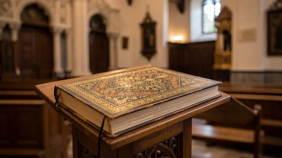 Close-up of a religious book with ornate cover resting on a wooden lectern, soft ambient light illuminating the pages, traditional Andalusian church interior background.