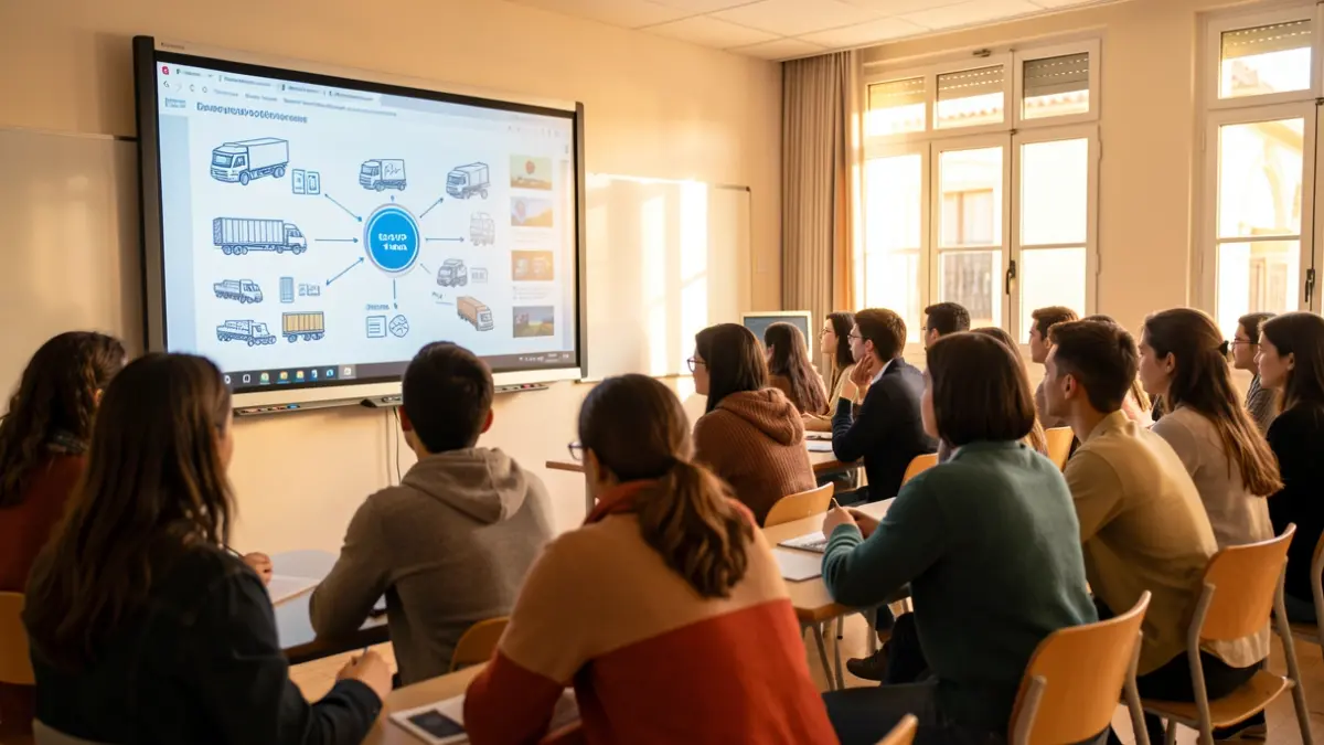 Imagen de estudiantes en un aula moderna en Andalucía, España, observando una pizarra digital con conceptos de ciberseguridad y logística.