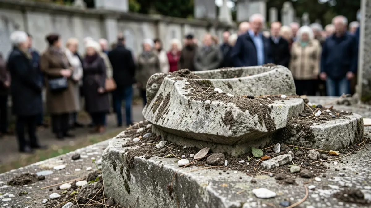 Imagen de fragmentos de una escultura dañada en un cementerio.