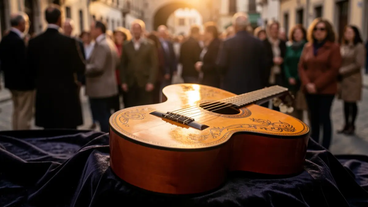 Primer plano de una guitarra flamenca sobre tela de terciopelo oscuro, con un foco cálido.