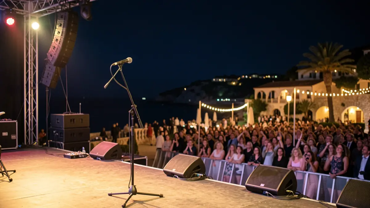 Concert stage in an outdoor venue at night.