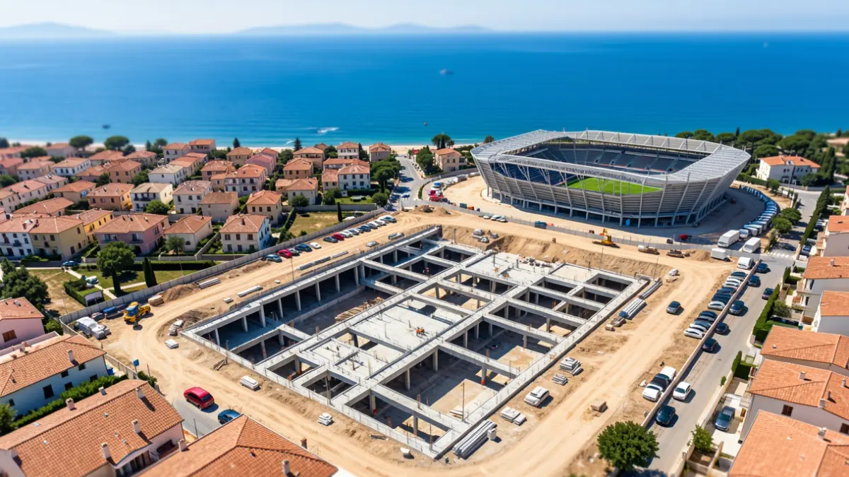 Aerial view of the construction of a megaparking and stadium in Fuengirola.
