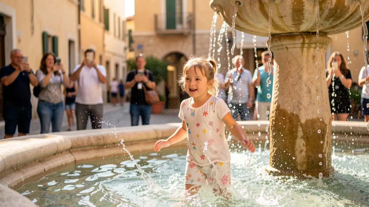 Girl bathing in a public fountain in a town square in Andalusia.