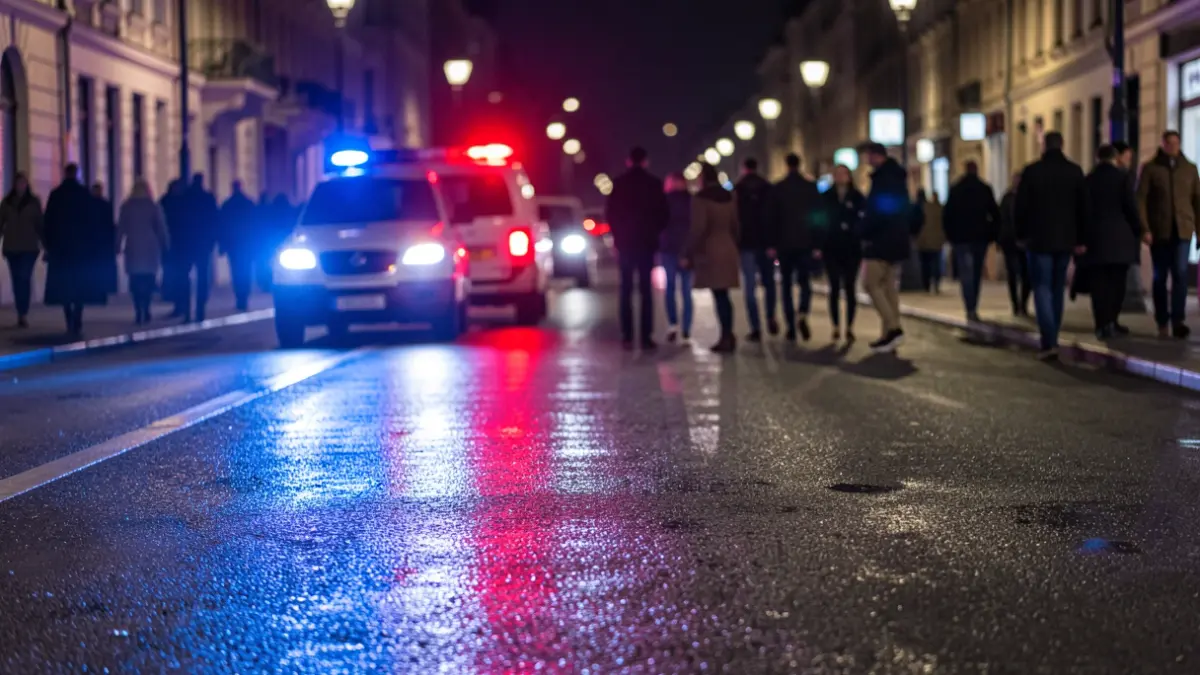 Imagen genérica de luces de emergencia policiales reflejándose en el asfalto mojado por la noche.