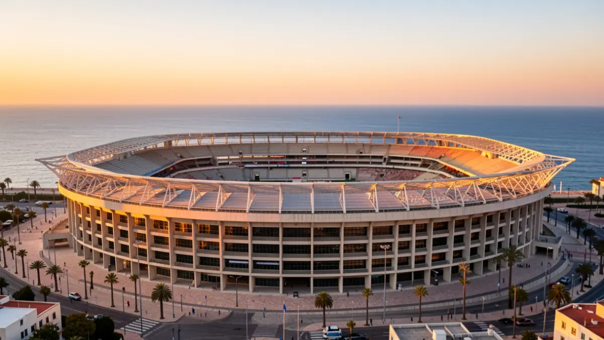 Ramón de Carranza Stadium in Cádiz at sunset.