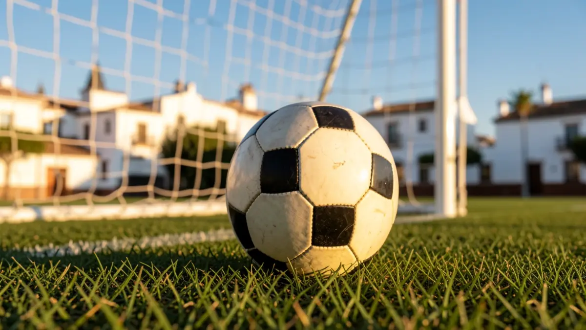 Generic image of a soccer ball on grass with a blurred goal net in the background.