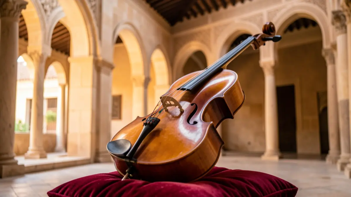 Image of a cello in the cloister of the Gala Foundation in Cordoba.