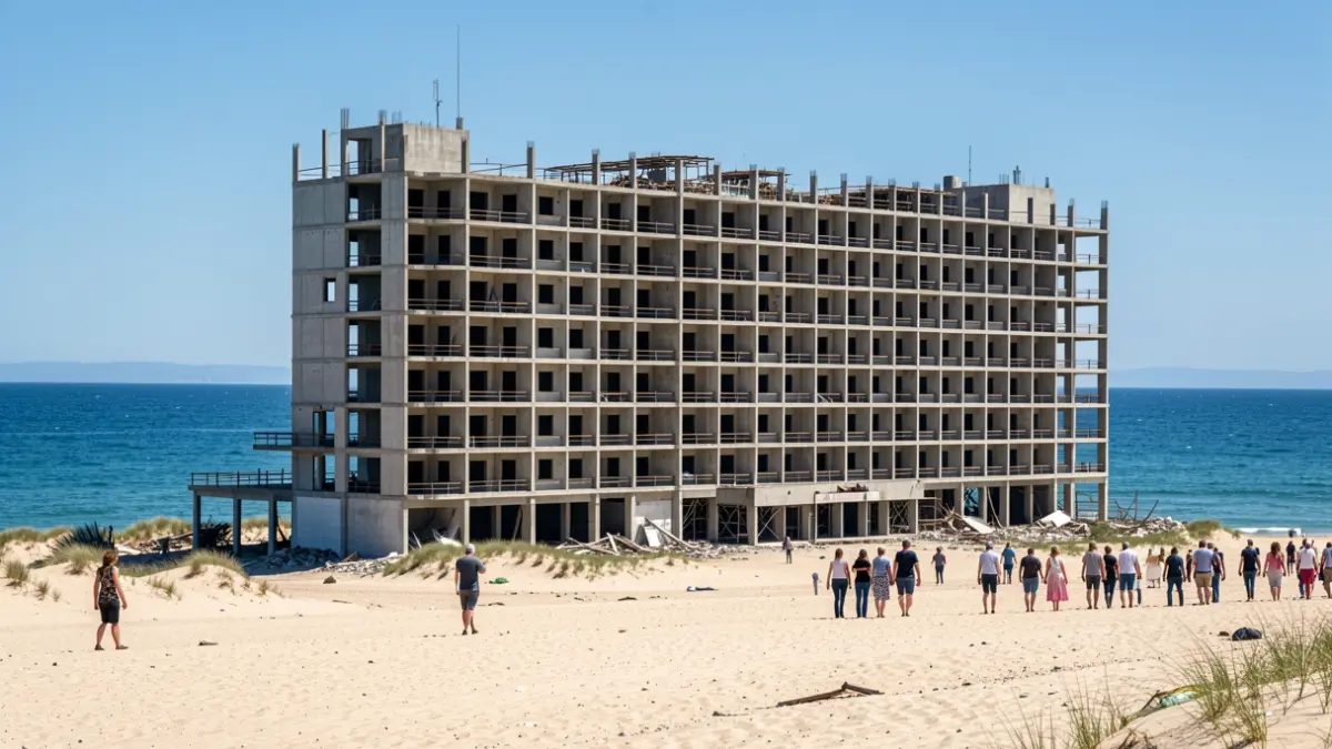 Fachada de un hotel inacabado en primera línea de playa en Almería.