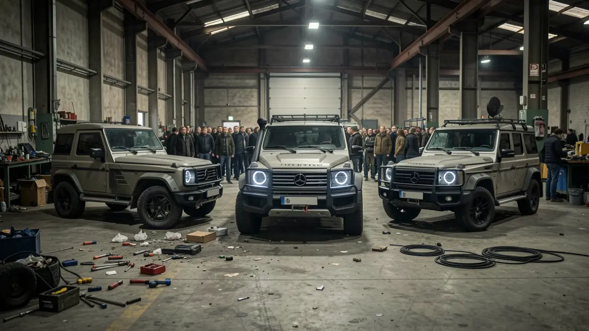 Imagen de tres todoterrenos modificados recuperados en una nave industrial.