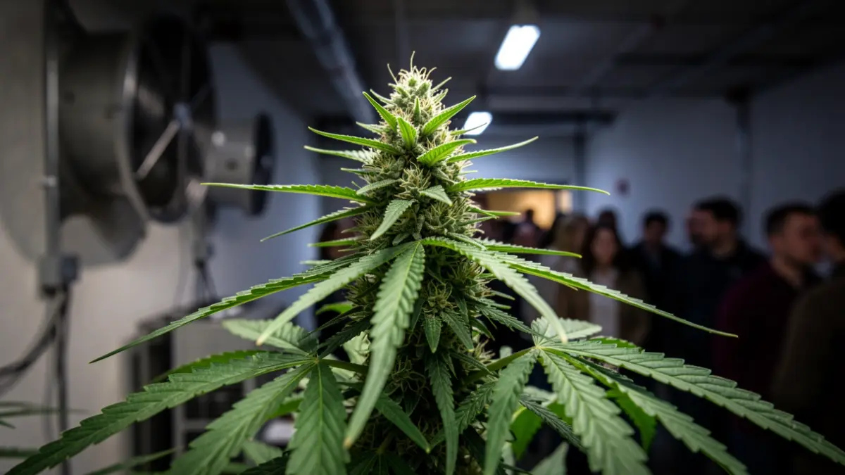 Primer plano de una planta de marihuana en avanzado estado de floración en un interior.