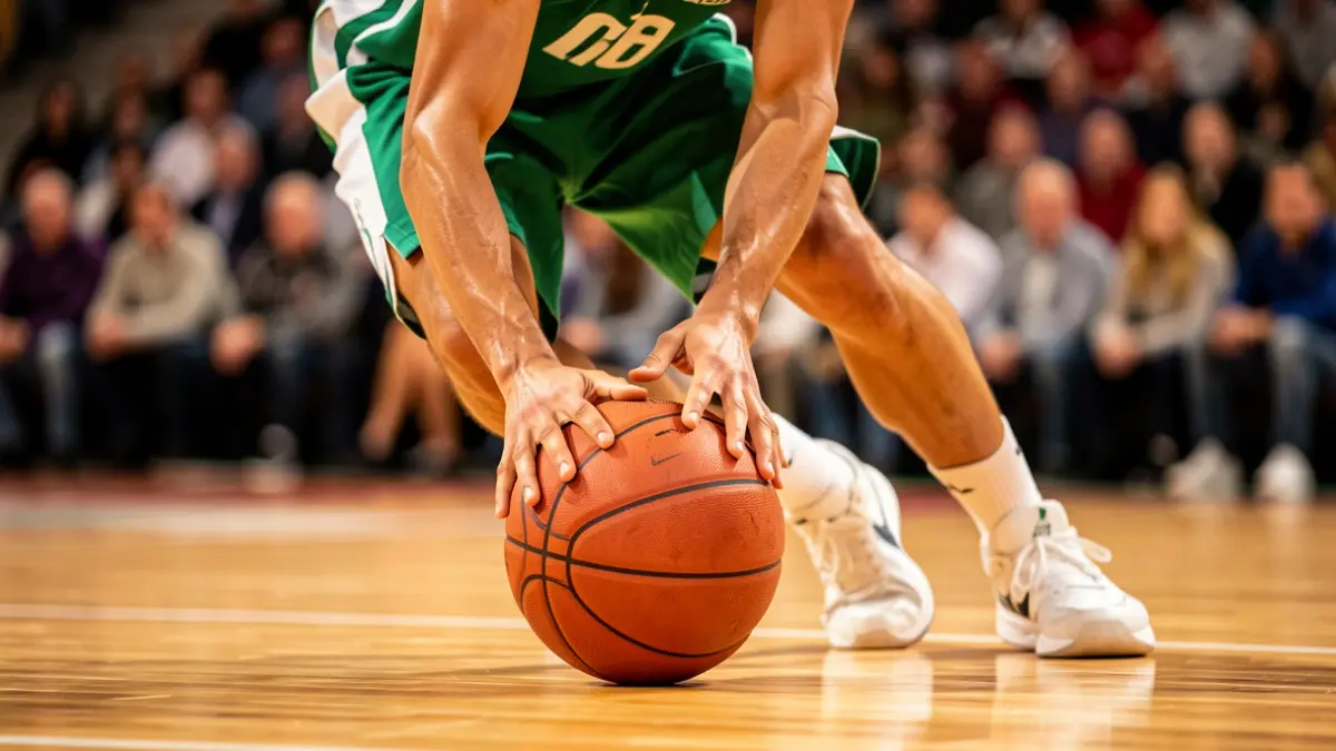 Primer plano de un jugador de baloncesto con uniforme blanquiverde botando el balón en una cancha.