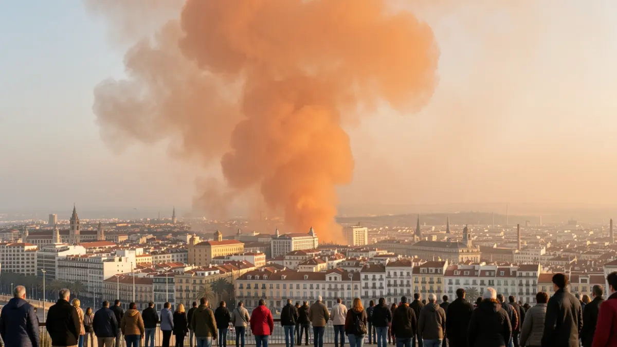 Image of a large column of orange smoke covering the sky over Huelva.