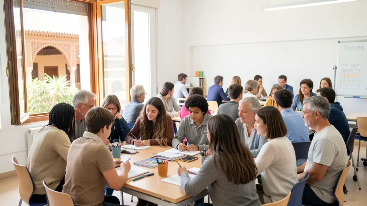 Imagen de estudiantes y personas mayores colaborando en un proyecto educativo en Andalucía.