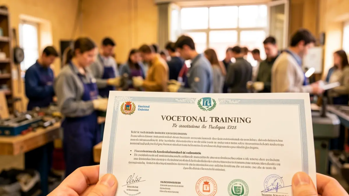 Generic image of a vocational training certificate with a workshop in the background.