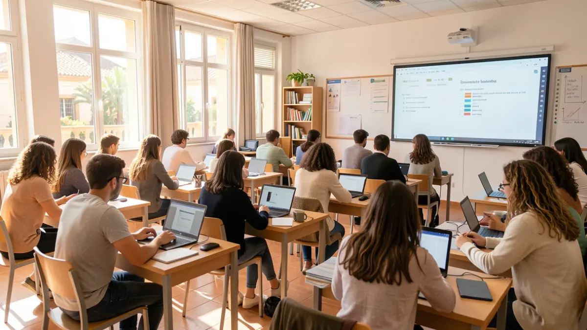 Imagen de un aula moderna en Granada con estudiantes aprendiendo.