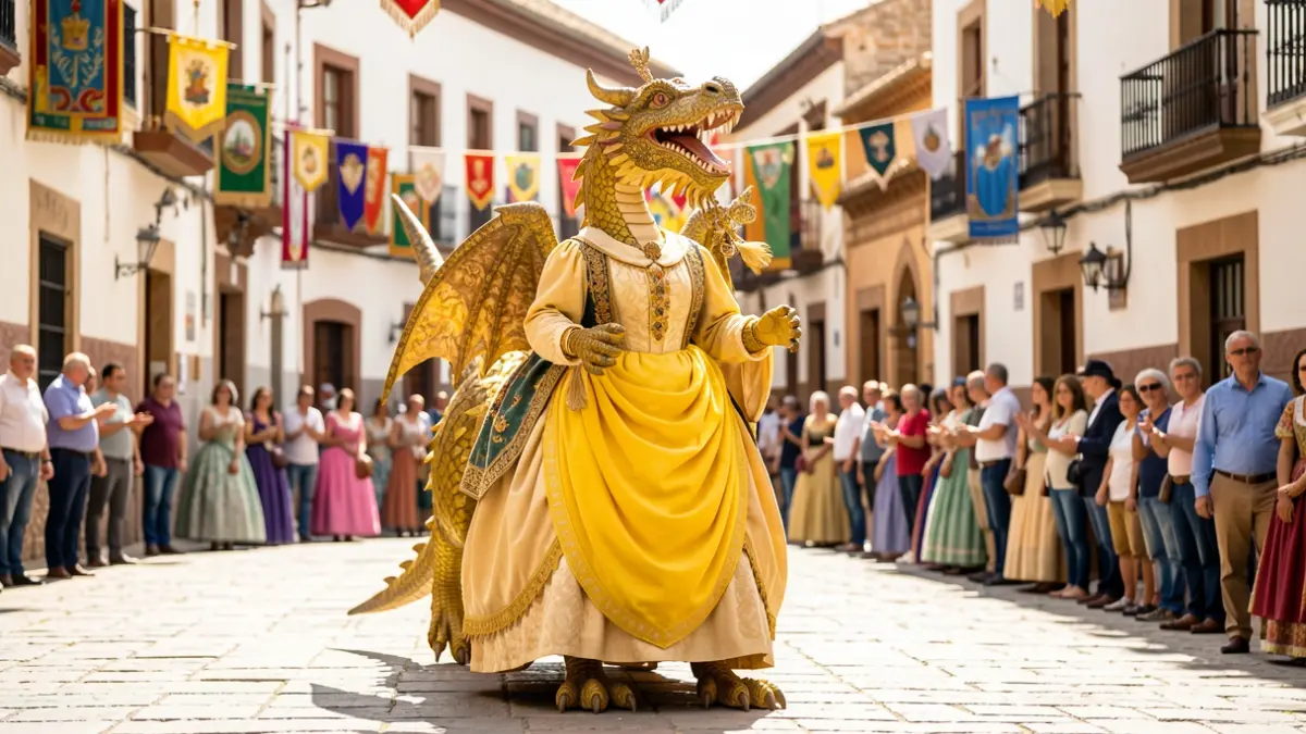 La Tarasca, figura tradicional del Corpus de Granada, estrena vestido amarillo mantequilla en su desfile.