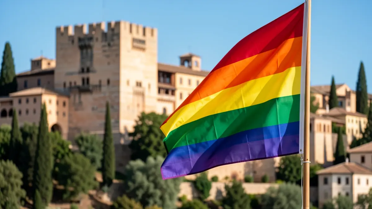 Bandera arcoíris desplegada frente a la Alhambra de Granada.