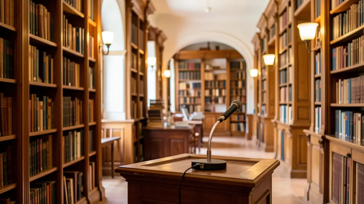 Imagen genérica de una biblioteca con estanterías de libros y un atril.