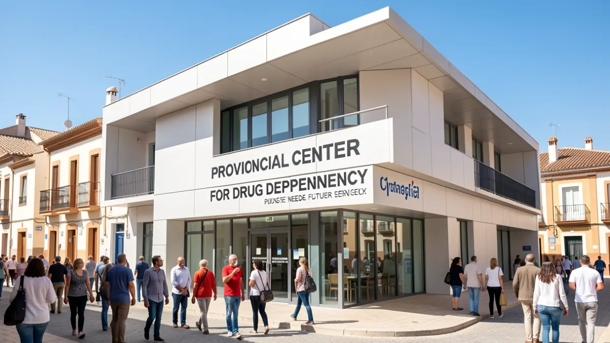 Facade of a modern public building designated for the Provincial Center for Drug Dependency in Granada.