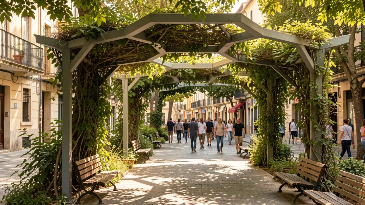 Image of an urban pathway with bioclimatic pergolas and vegetation for sun protection.