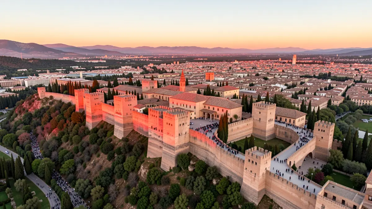 Aerial view of the Alhambra in Granada at sunset, with red and gold light.