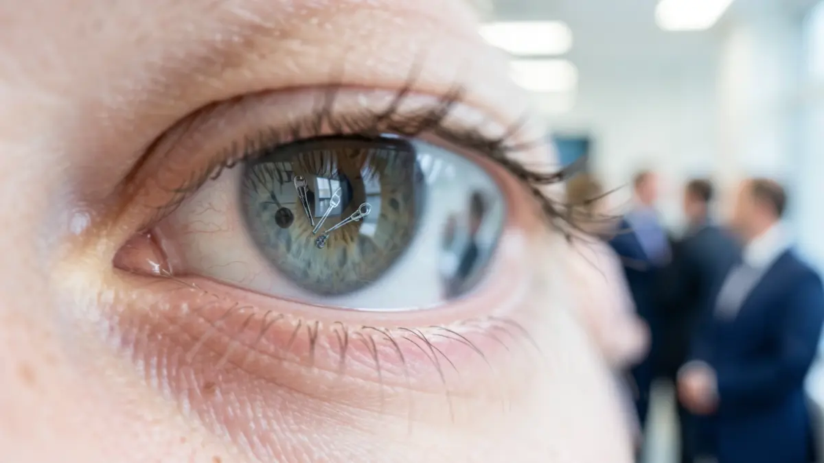 Close-up of a human eye with a subtle reflection of surgical instruments, symbolizing advanced ophthalmology and oculoplastic surgery.