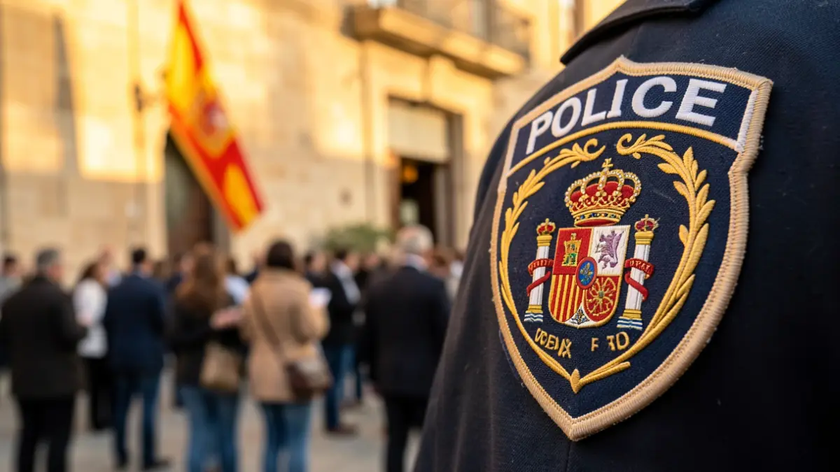 Detalle de una placa de la Policía Nacional con fondo borroso de la bandera andaluza y una fachada de piedra.
