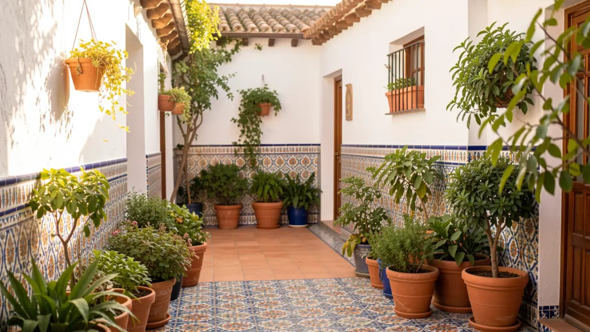 Generic image of an Andalusian patio with tiles and vegetation.