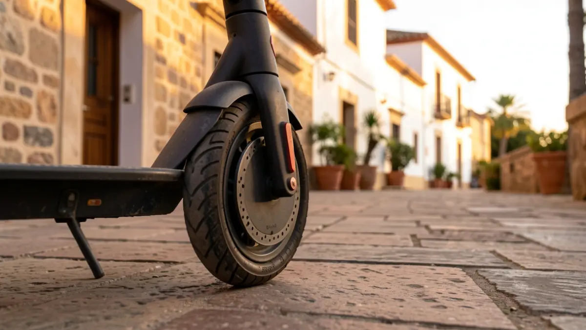 Generic image of an electric scooter wheel on a stone sidewalk with Andalusian architecture.
