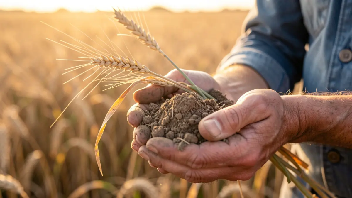 Manos de agricultor sosteniendo tierra seca con espigas de trigo marchitas.