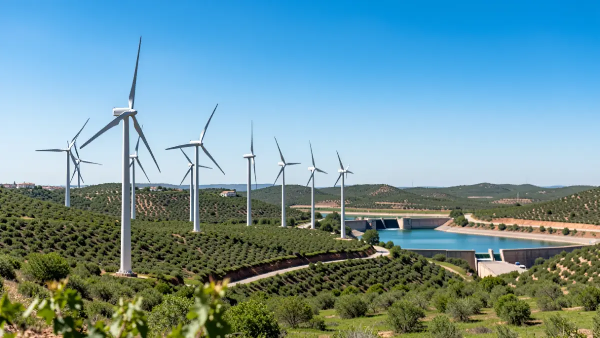 Image of wind turbines and a hydroelectric dam in the province of Granada.