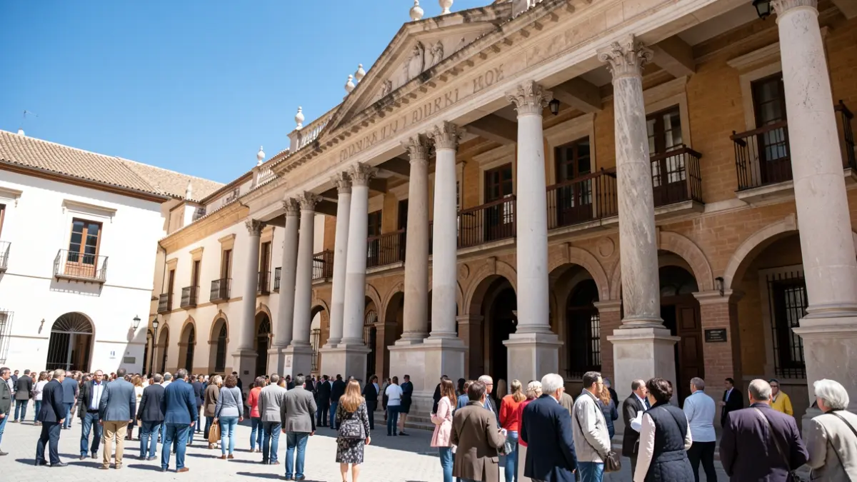 Fachada de un juzgado andaluz con columnas clásicas y arcos, bajo un sol brillante y cielo azul.