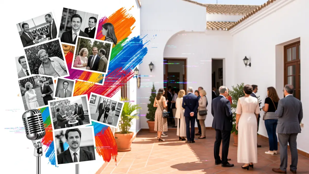 Image representing diverse forms of memory and art, with photographic, painterly, and digital elements in an Andalusian courtyard.