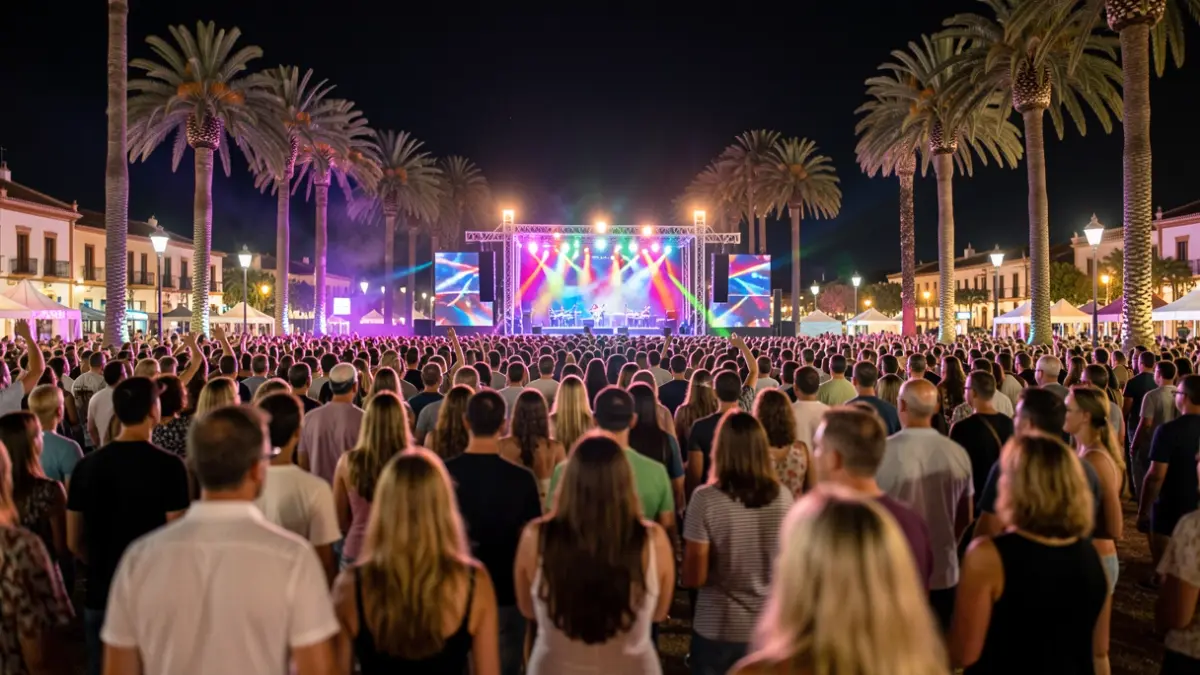 Generic image of a night music festival in Andalucía with stage lights and blurred audience.