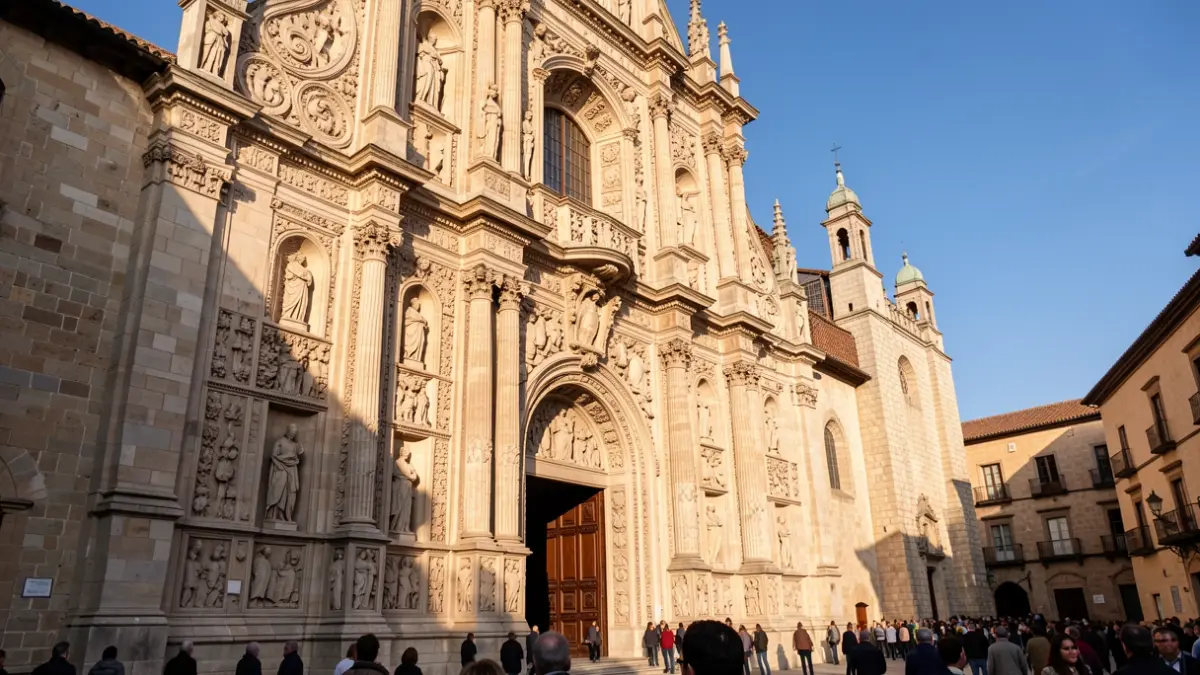 Facade of a historic cathedral with architectural details under sunlight.