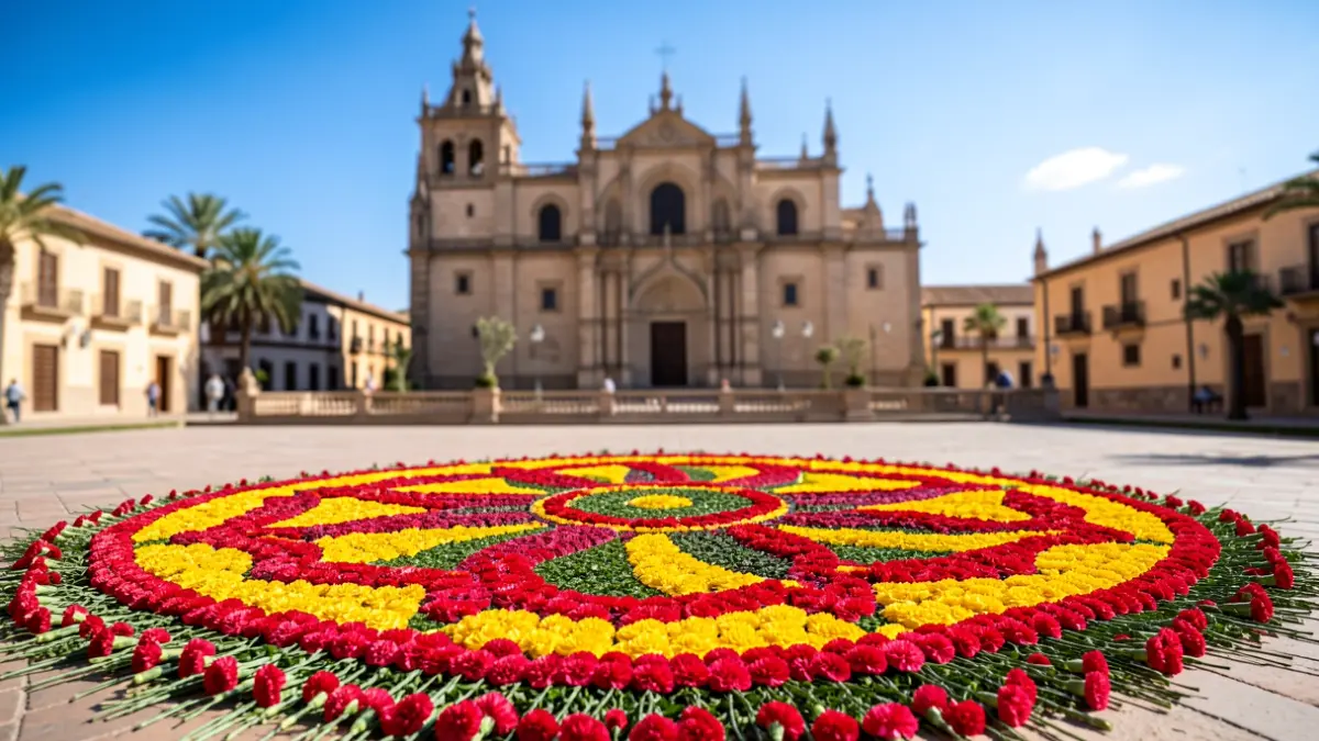 Alfombra floral de claveles y elementos vegetales en la Plaza de las Pasiegas de Granada, reproduciendo el rosetón de la Catedral.