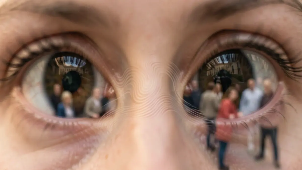 Primer plano de un ojo con visión periférica borrosa y una línea ondulada en el centro.