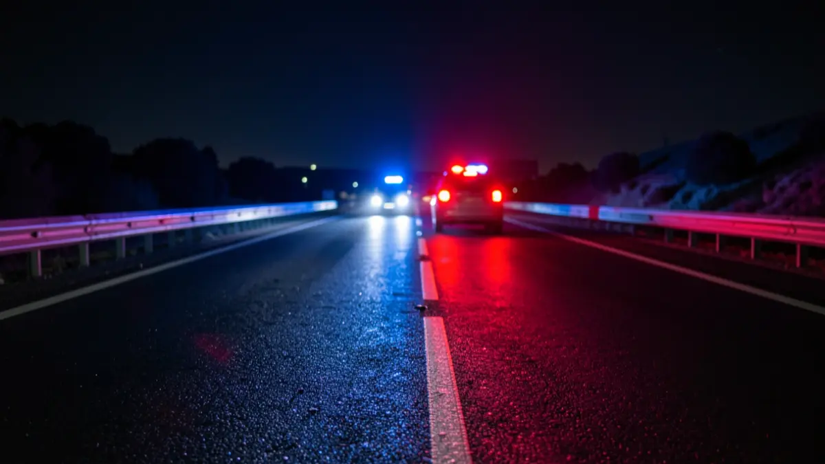 Generic image of police emergency lights reflecting on wet highway asphalt at night.