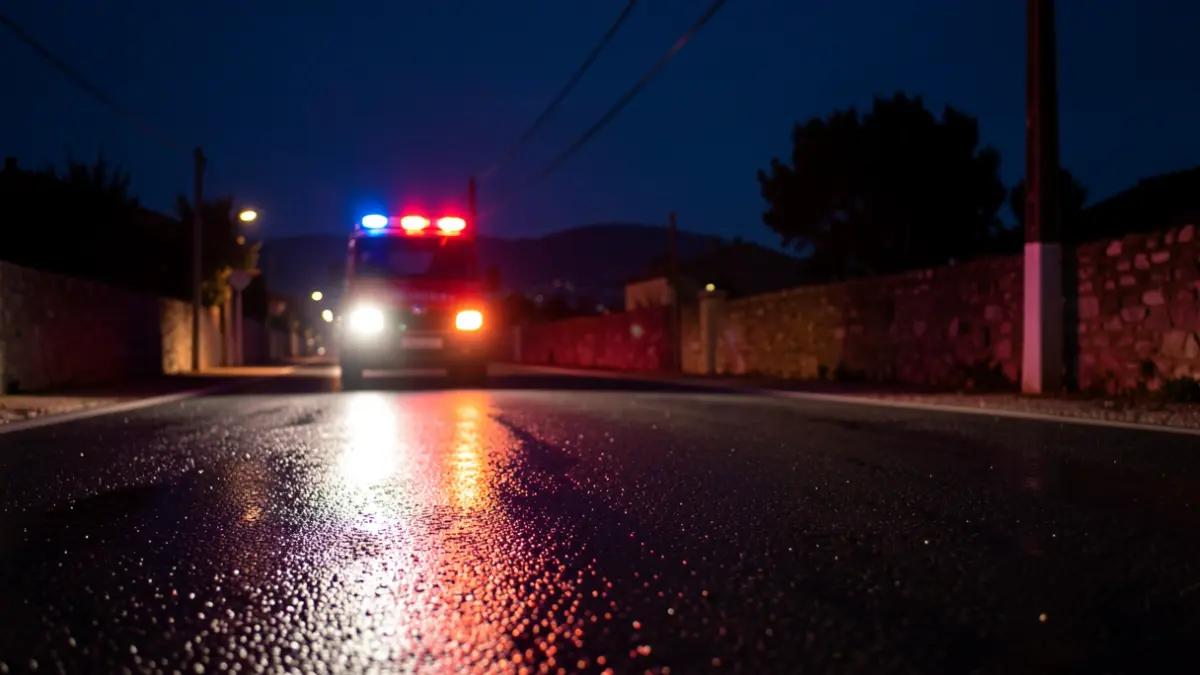 Generic image of emergency lights reflecting on wet asphalt at night.