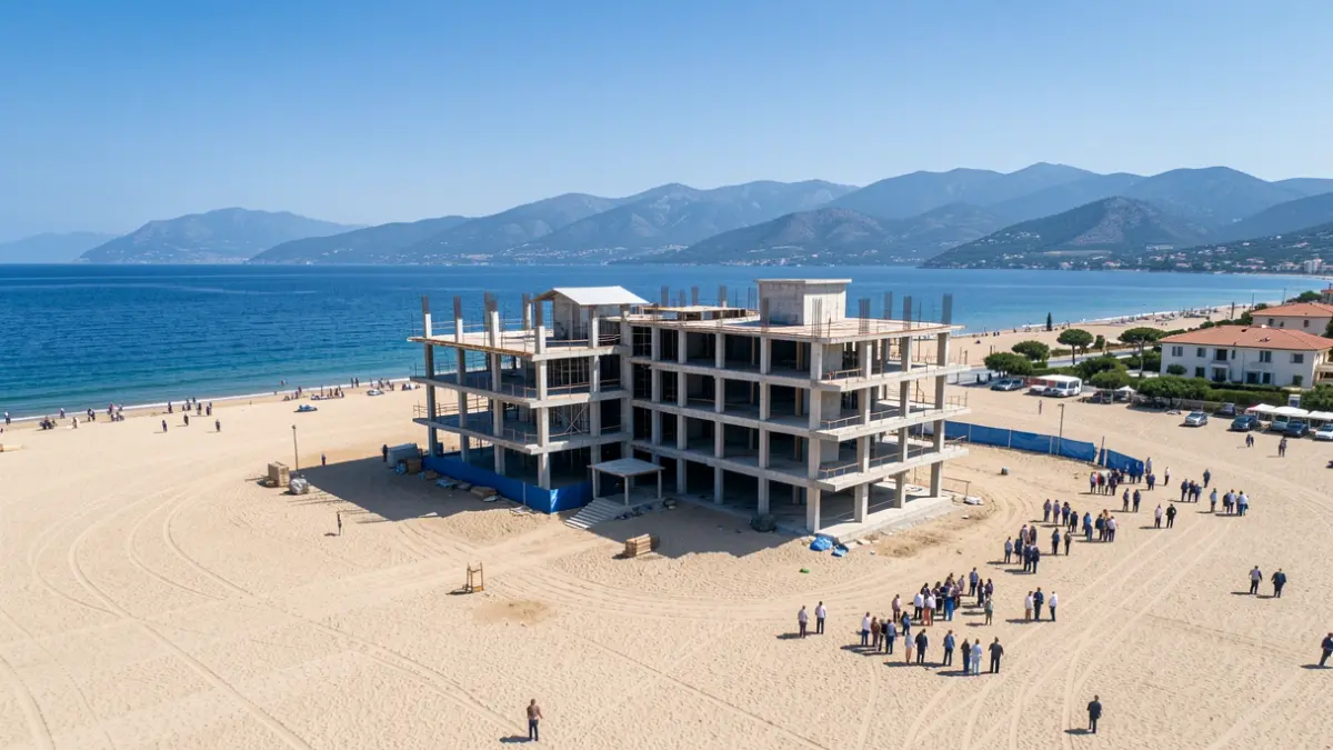 Vista aérea de un hotel a medio construir en primera línea de playa.