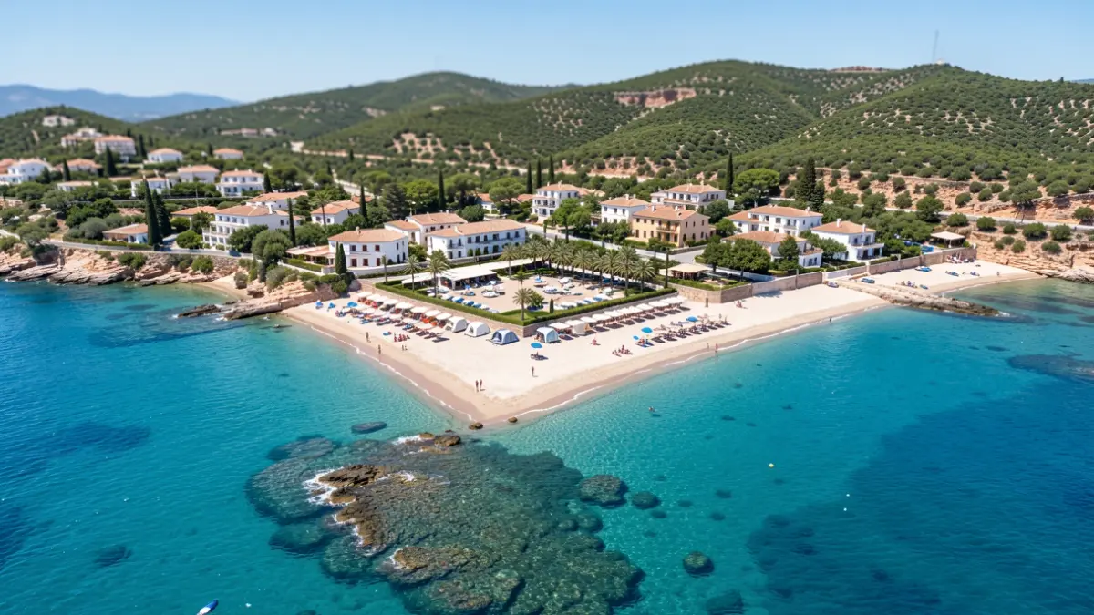 Aerial view of a campsite on the coast of Tarifa, Andalusia.