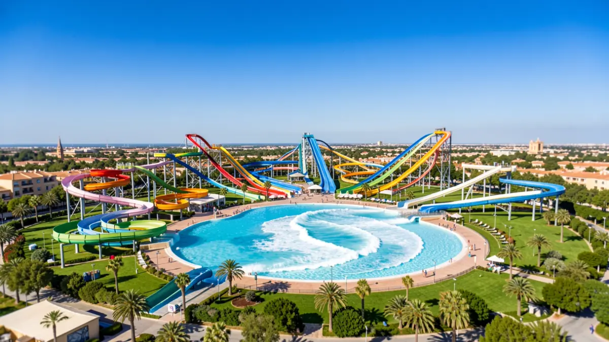 Aerial view of Guadalpark water park in Sevilla, showing slides and pools.