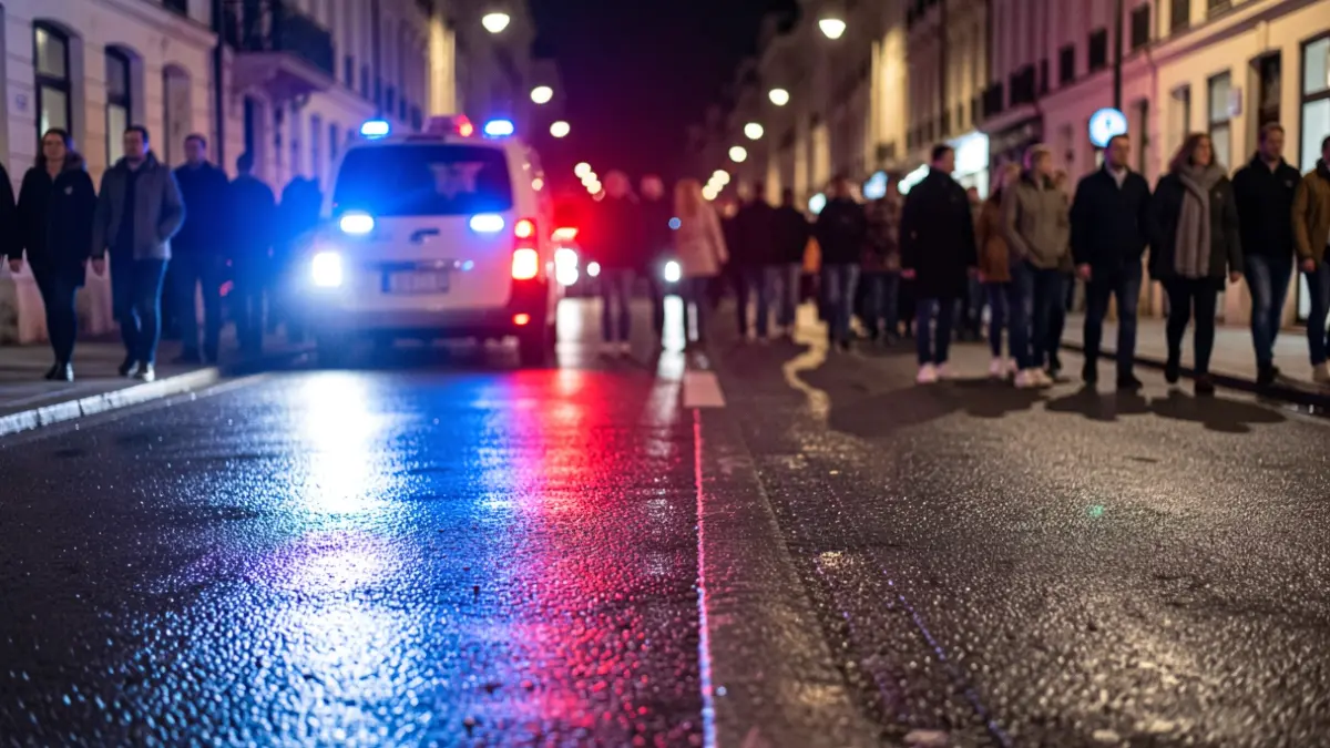 Generic image of police emergency lights reflecting on wet asphalt.