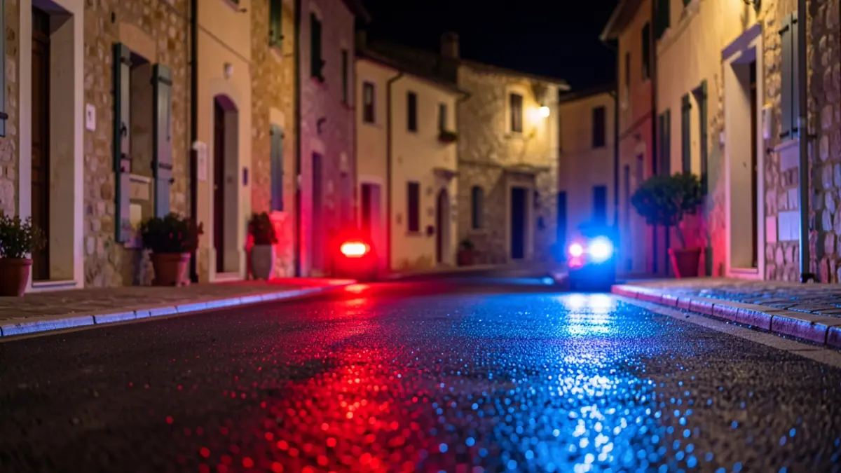 Generic image of police emergency lights reflecting on wet asphalt at night.