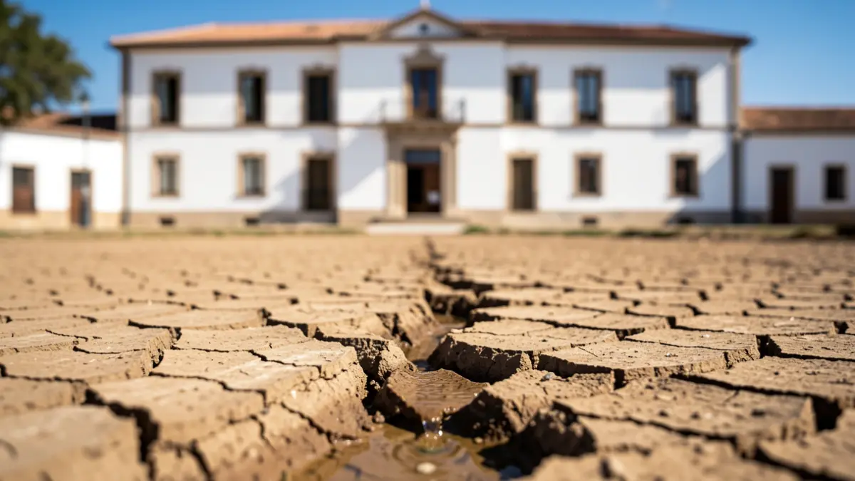 Imagen de un río seco con un hilo de agua y un ayuntamiento al fondo, simbolizando la escasez de agua y el conflicto administrativo.