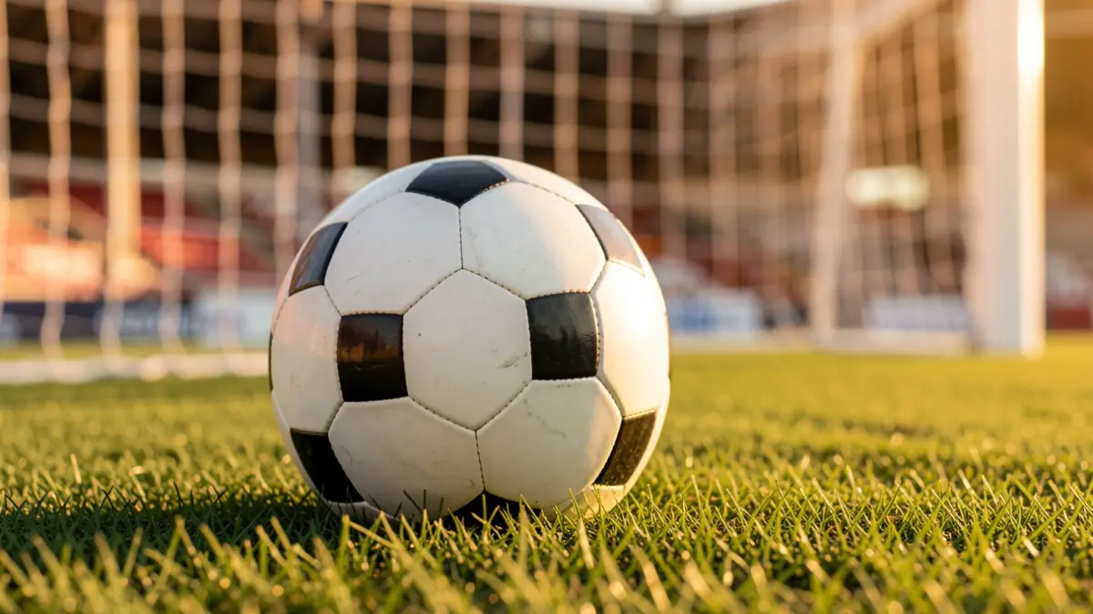 Imagen genérica de un balón de fútbol sobre césped con una portería desenfocada al atardecer.